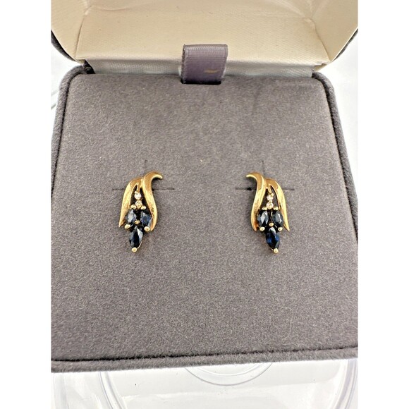 14K Solid Gold Natural Sapphire & Diamond Earrings – Marquise Cut, JC Penney - Picture 1 of 9